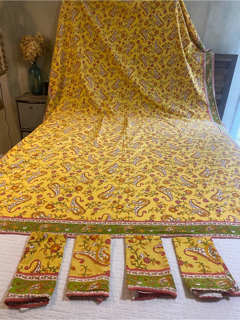 Yellow Paisley Cotton Tablecloth Set - Home Dining Bohemian Floral Cottagecore